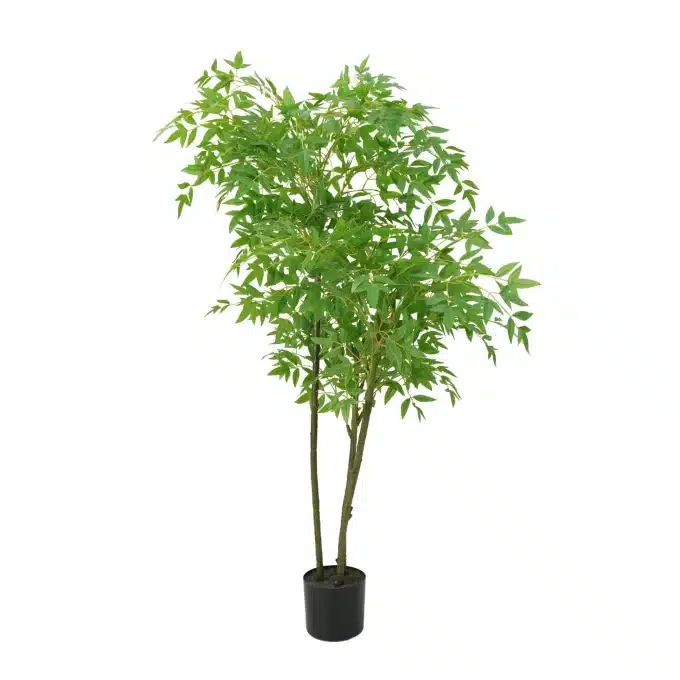 A full-bodied artificial bamboo plant in a black pot, with a lush canopy of green leaves