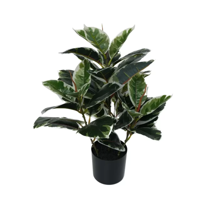 The base of an artificial Ficus plant, focusing on the black pot and the realistic brown stems with variegated foliage above.