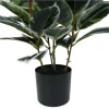 Isolated view of an artificial Ficus plant in a black pot against a white background, highlighting the variegated leaves and overall plant shape.