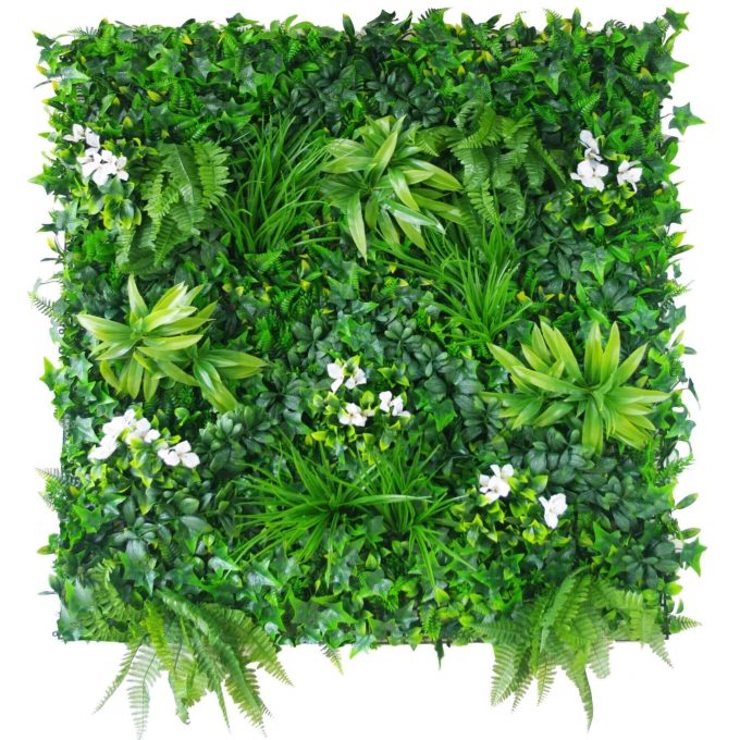 fake flowers attached onto a fake green wall panel