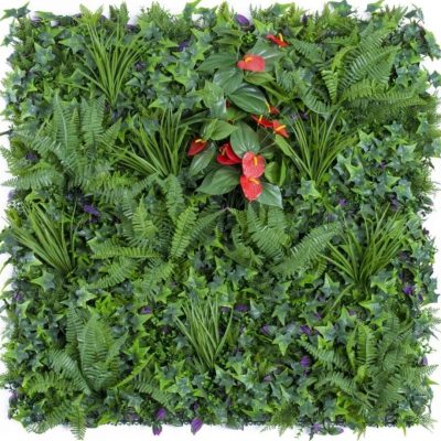 Artificial Green Wall panel with red flowers and ferns