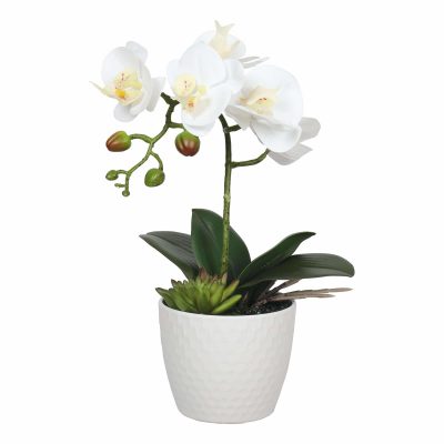 small potted faux orchid with single stem