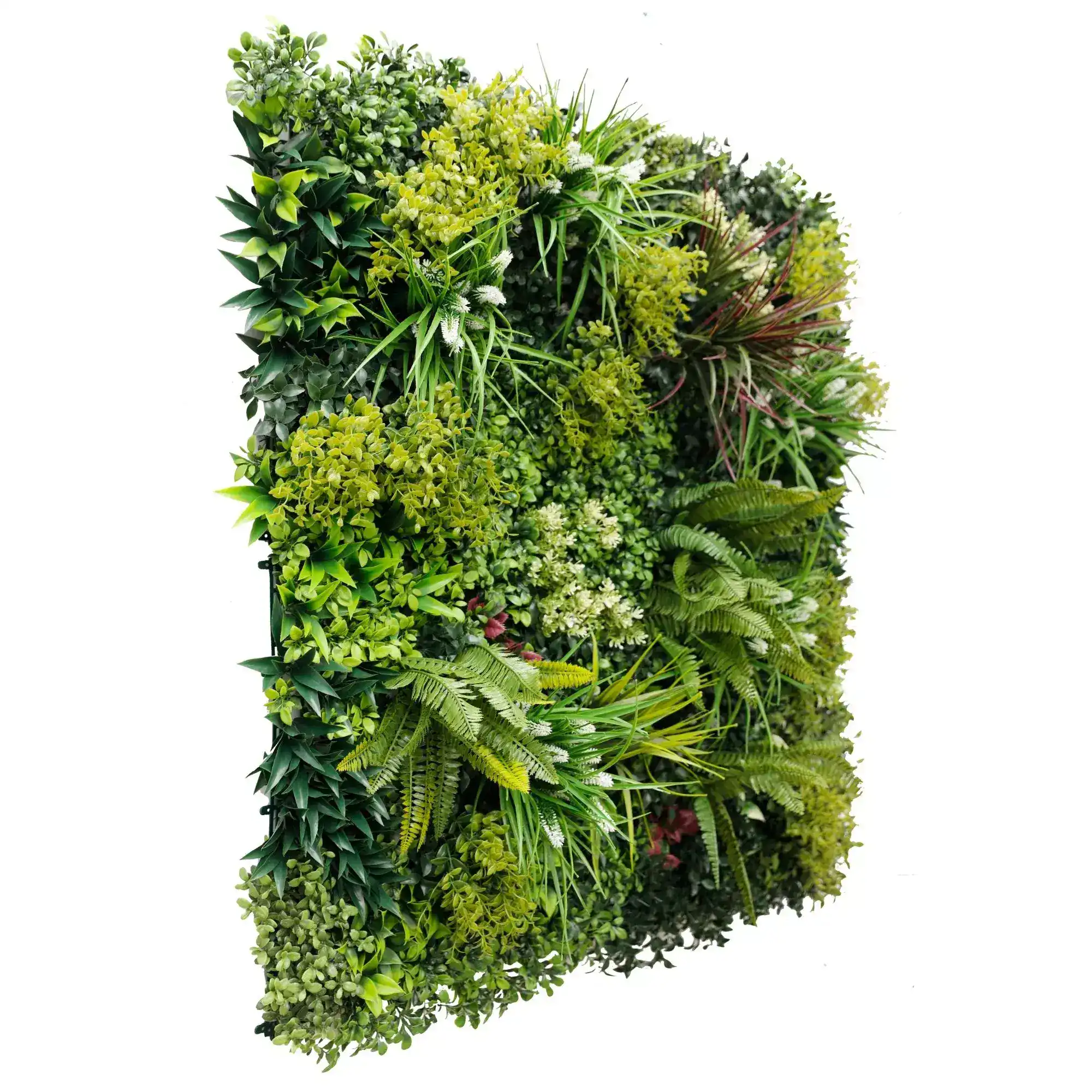 Realistic artificial vertical garden with evergreen style foliage - side view