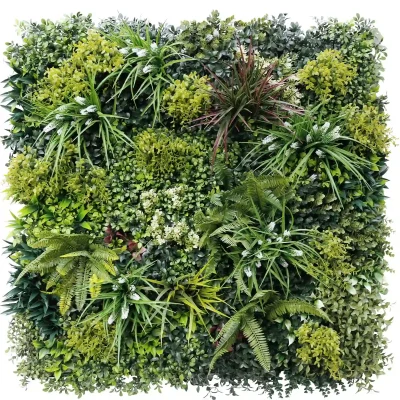 Realistic artificial vertical garden with evergreen style foliage