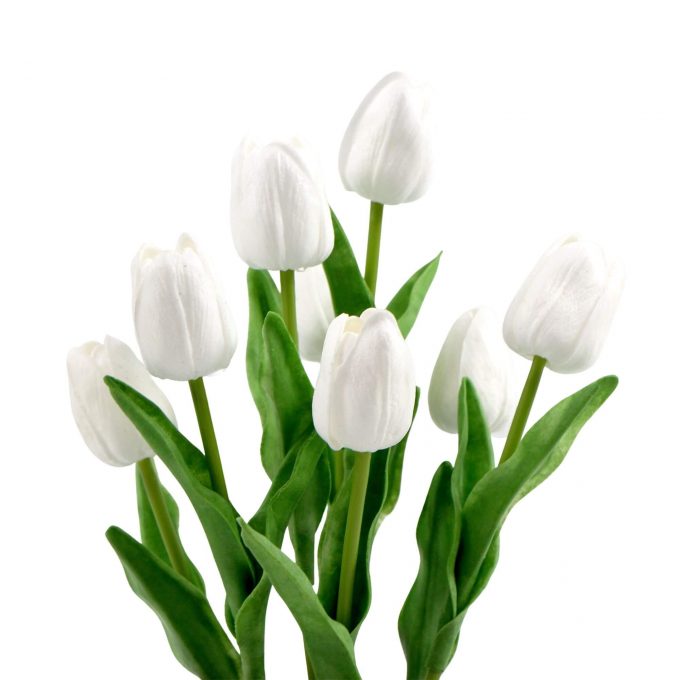 Flower Bunch Potted Artificial Tulip with White Flowers & Leaves