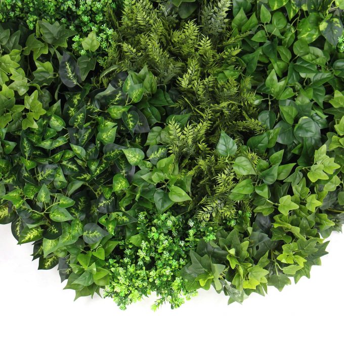 Beautify artificial green wall disc with fake plants side view