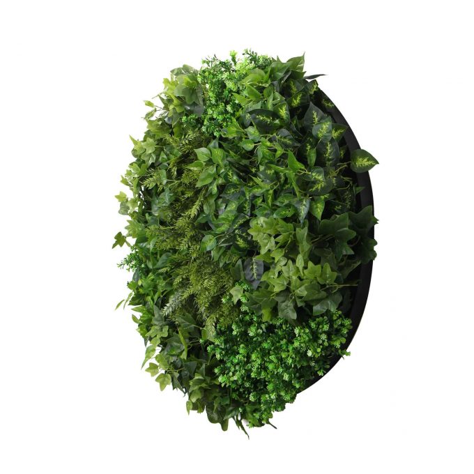 Beautify artificial green wall disc with fake plants side view of frame