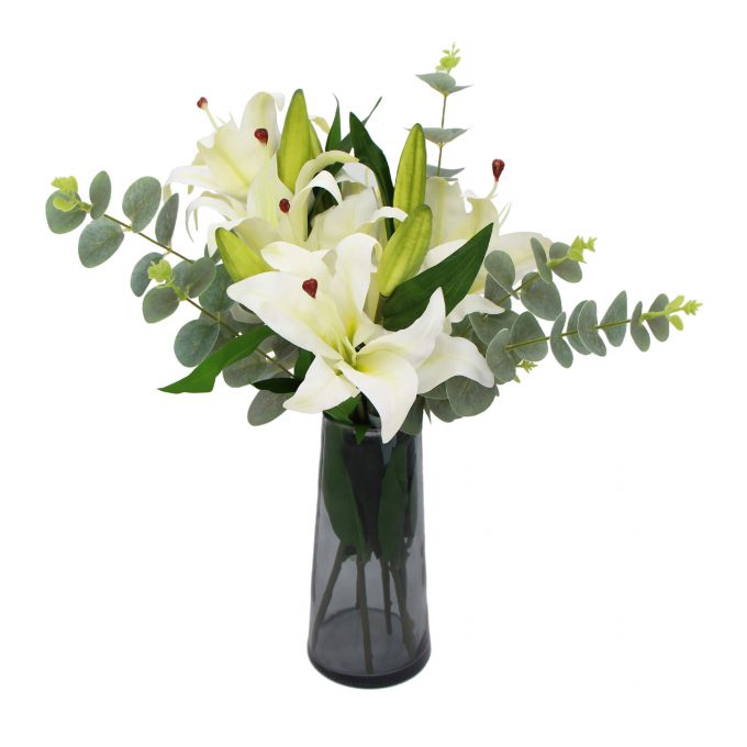 Artificial Lily Arrangement with Vase and Eucalyptus Leaves