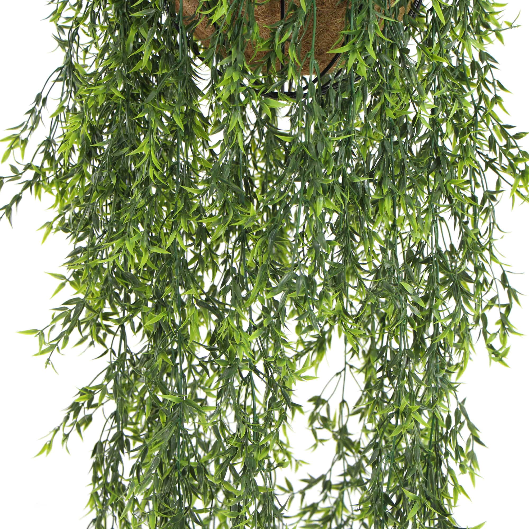 Coconut Fiber Faux Hanging Basket with Artificial Hanging Plants and Long Vines Foliage Close Up