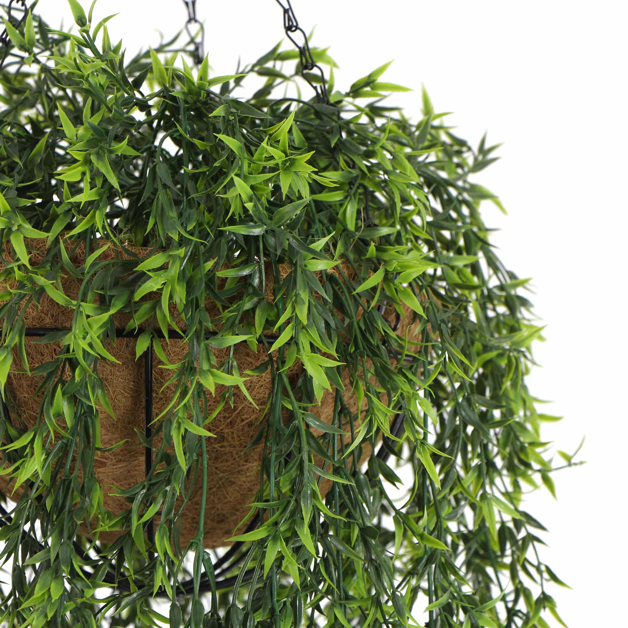Coconut Fiber Faux Hanging Basket with Artificial Hanging Plants and Long Vines and Bright Ruscus Foliage