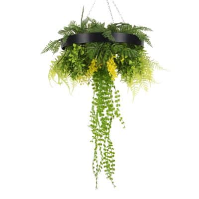Black Framed Roof Hanging Disc with Draping Life-like Plants 40cm