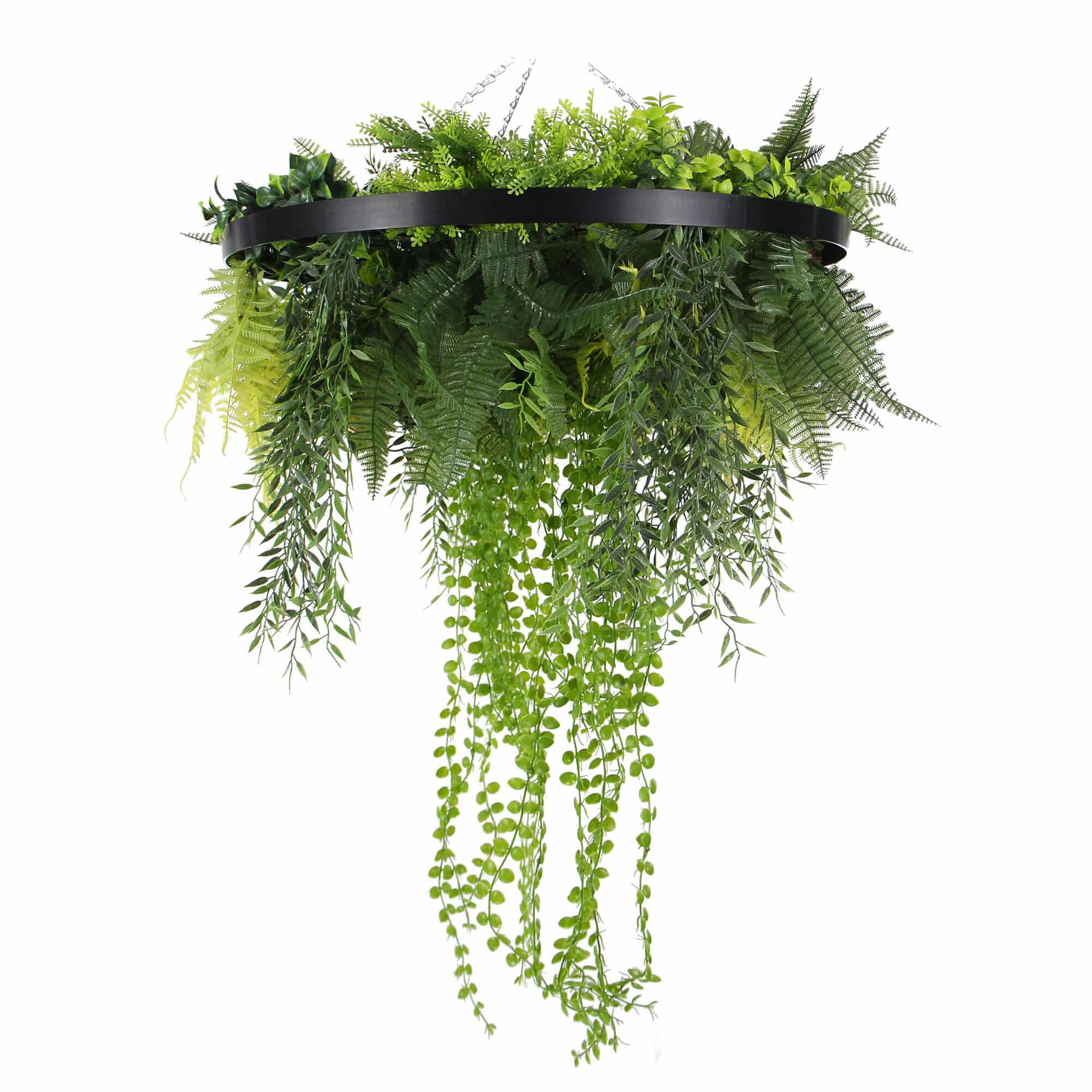 Black Framed Roof Hanging Disc with Draping Pearls Ferns 60cm Diameter Hanging Faux Pearls With Hanging Fake Plants