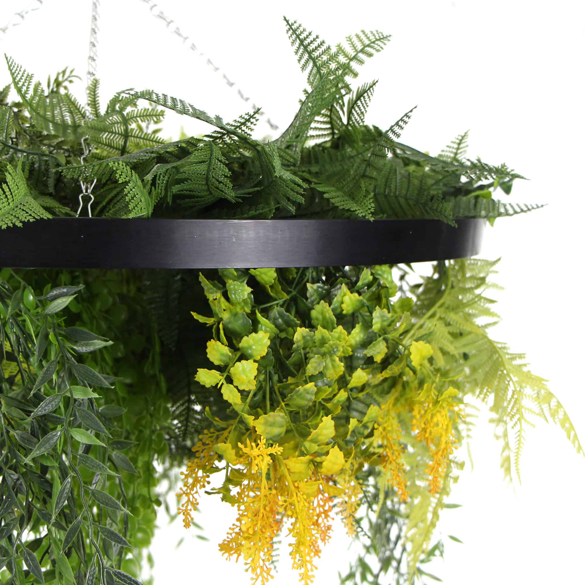 Black Framed Roof Hanging Disc with Draping Pearls Ferns 60cm Diameter Hanging Faux Pearls and Ferns
