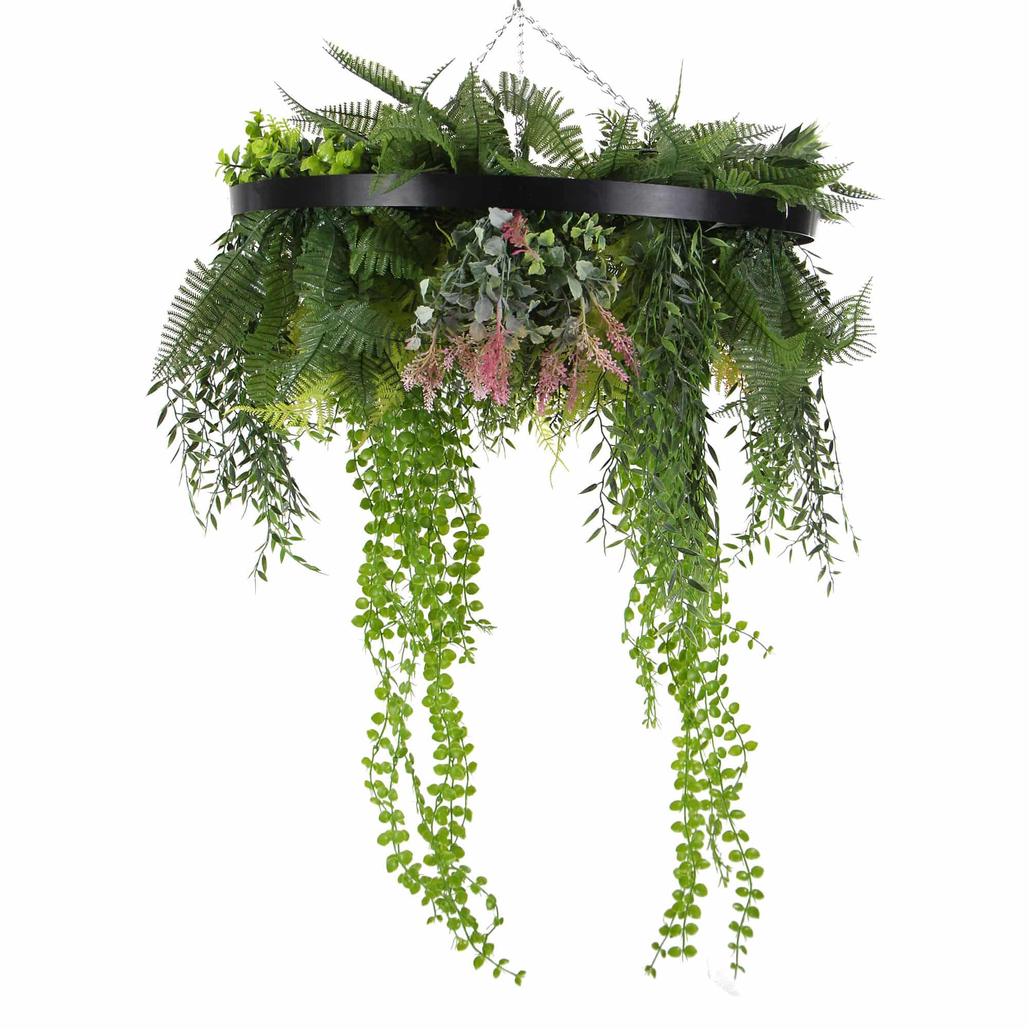 Black Framed Roof Hanging Disc with Draping Pearls Ferns 60cm Diameter Hanging Faux Pearls with Plastic Plants