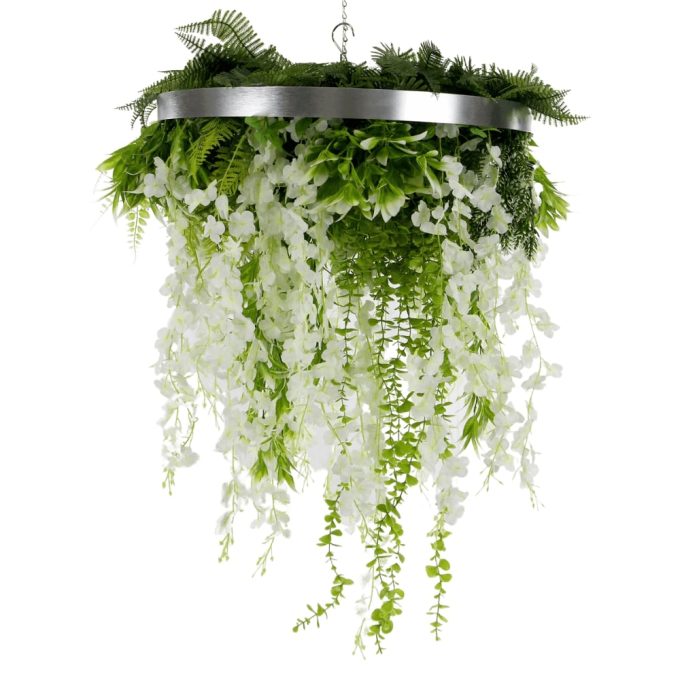 Modern Wall Art with Hanging Artificial Plants and a Silver Metal Frame Designed Wisteria Flowers with Folaige