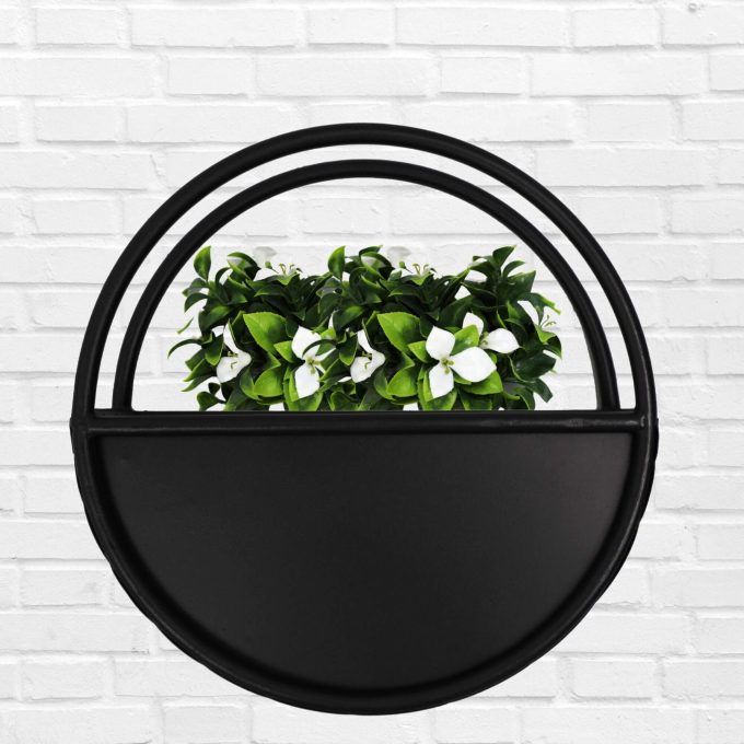 Premium Floating Half Moon Semi Circle Metal Wall Planter Onyx Black 35cm With Artificial Plants and Flowers