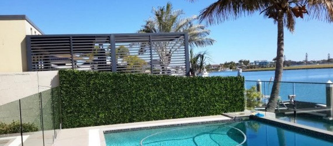 Social - Artificial garden hedge next to a pool, with a lake in the background and palm trees surrounding it